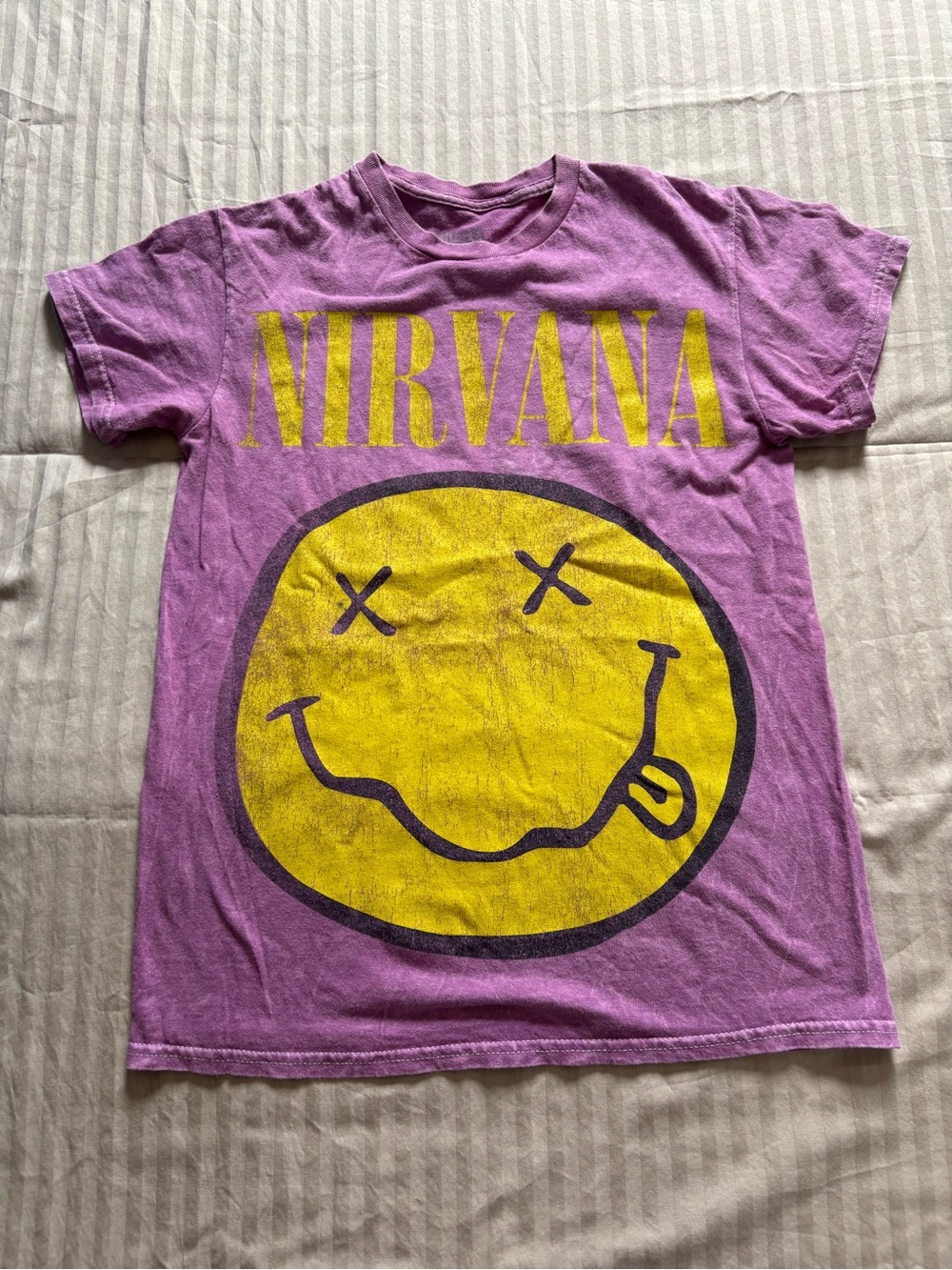 Nirvana Women's Purple Acid Wash Smiley Face Logo Band T-Shirt Size Small